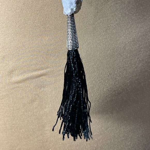 Statement Necklace Long Tassel White Druzy Silver Black 23" - Picture 4 of 5